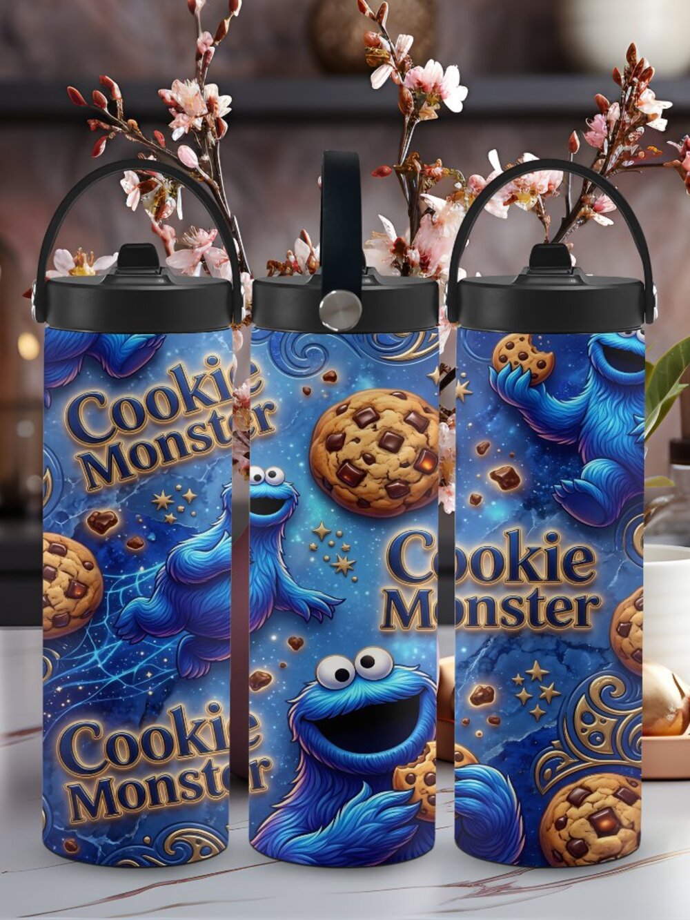 Cookie Monster Tumbler with Handle Lid, Cartoon Lovers